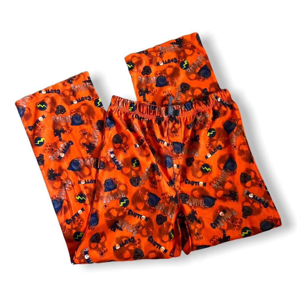 Happy Halloween Unisex Kids Pajama Pants L 10 12 Orange Skulls Tombstones‎ RIP